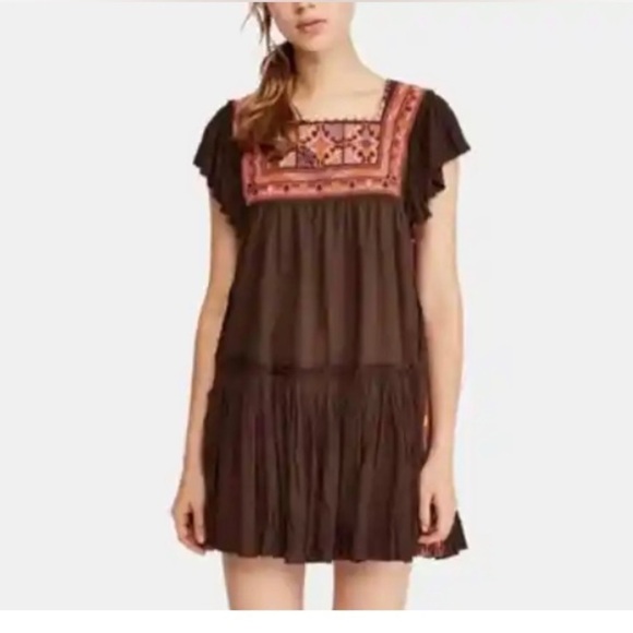 Free People Day glow dress bitter Oli in brown with embroidery. Size Small NWT. - Picture 2 of 11